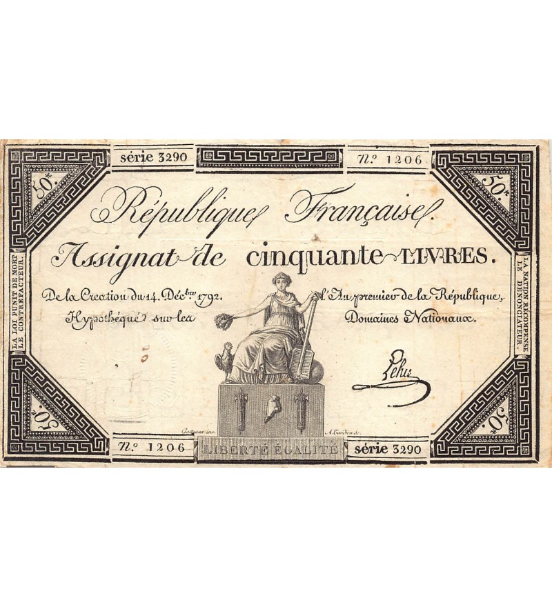 RÉVOLUTION FRANCAISE, ASSIGNAT - 50 LIVRES - LOI DU 14/12/1792