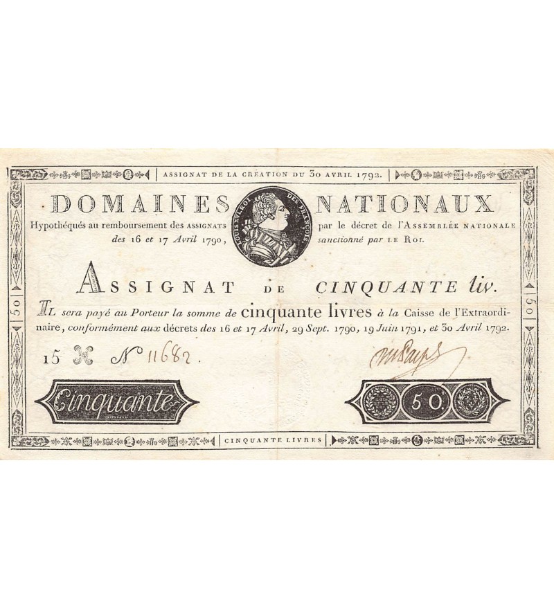 RÉVOLUTION FRANCAISE, ASSIGNAT, LOUIS XVI - 50 LIVRES - LOI DU 30/04/1792