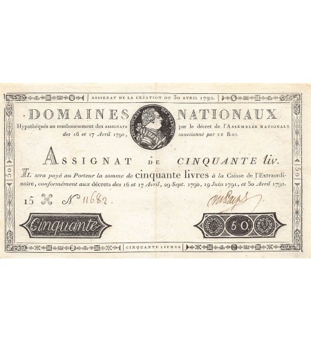 RÉVOLUTION FRANCAISE, ASSIGNAT, LOUIS XVI - 50 LIVRES - LOI DU 30/04/1792
