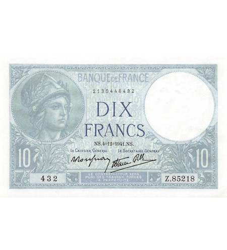 FRANCE - 10 FRANCS MINERVE 04/12/1941 - SÉRIE Z.85218