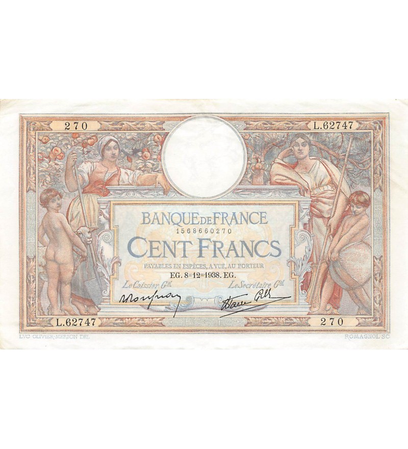 FRANCE - 100 FRANCS LUC-OLIVIER MERSON 08/12/1938 - SÉRIE L.62747