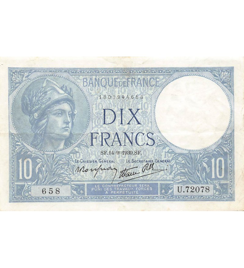 FRANCE - 10 FRANCS MINERVE 14/09/1939 - SÉRIE U.72078