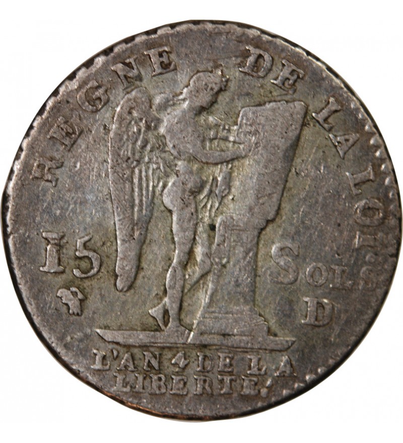 LOUIS XVI, CONSTITUTION - 15 SOLS  ARGENT 1792 D LYON
