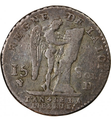 LOUIS XVI, CONSTITUTION - 15 SOLS  ARGENT 1792 D LYON