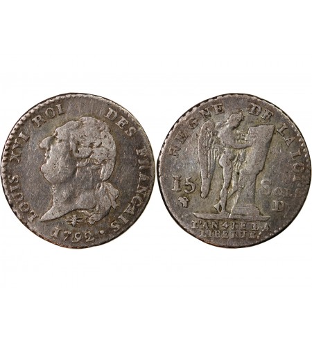 LOUIS XVI, CONSTITUTION - 15 SOLS  ARGENT 1792 D LYON