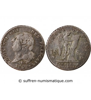 LOUIS XVI, CONSTITUTION - 15 SOLS  ARGENT 1792 D LYON