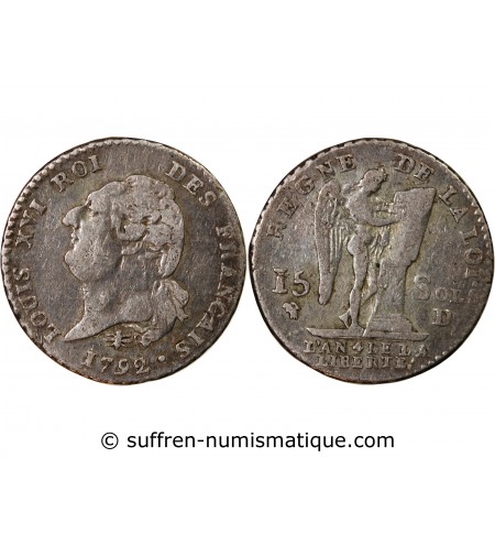 LOUIS XVI, CONSTITUTION - 15 SOLS  ARGENT 1792 D LYON