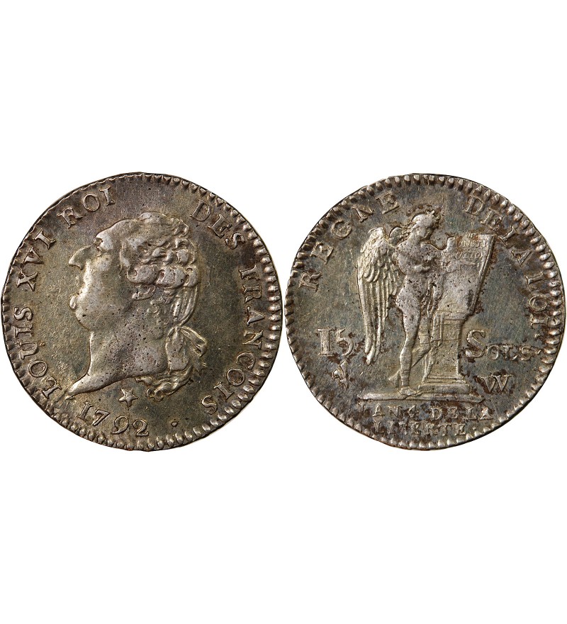 LOUIS XVI, CONSTITUTION - 15 SOLS  ARGENT 1792 W LILLE