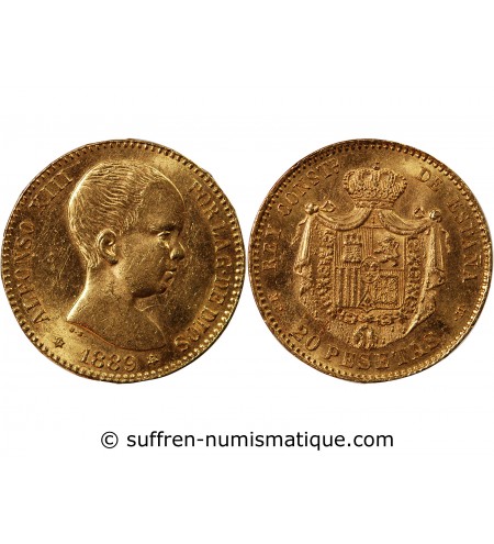 ESPAGNE, ALFONSO XIII - 20 PESETAS OR 1889