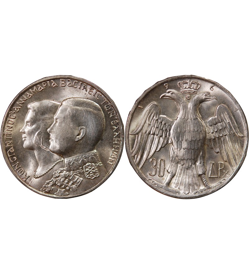 GRÈCE - 30 DRACHME ARGENT 1964 - MARIAGE ROYAL