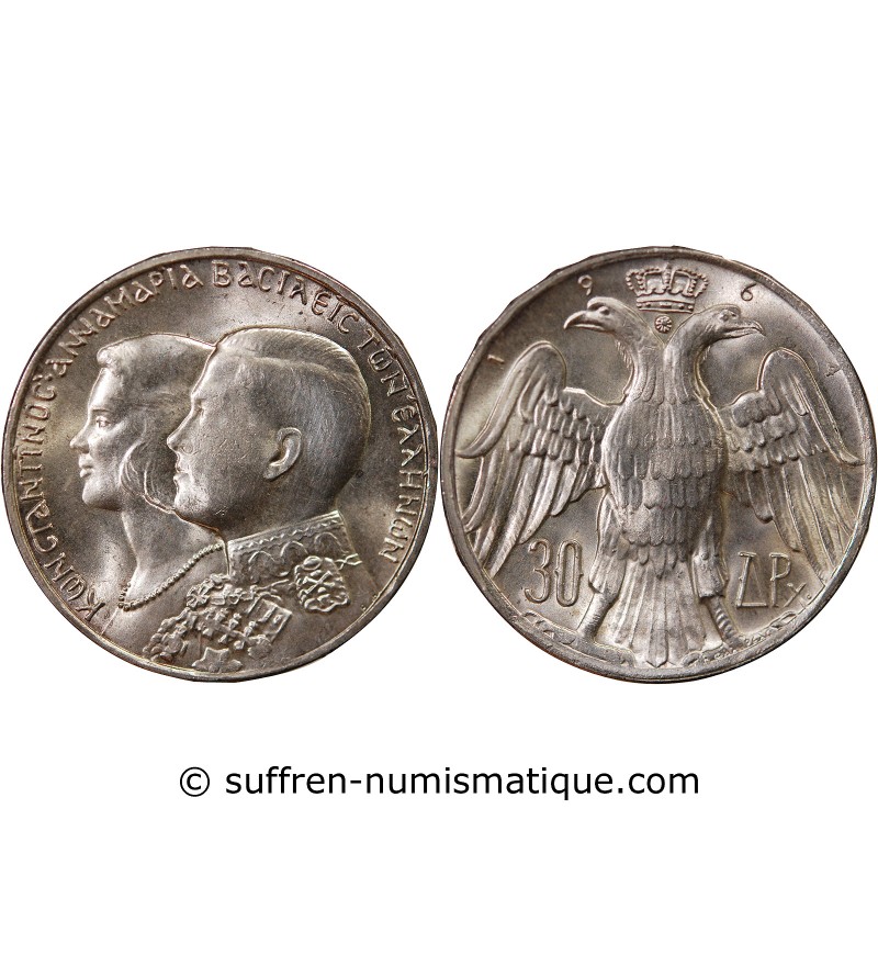 GRÈCE - 30 DRACHME ARGENT 1964 - MARIAGE ROYAL