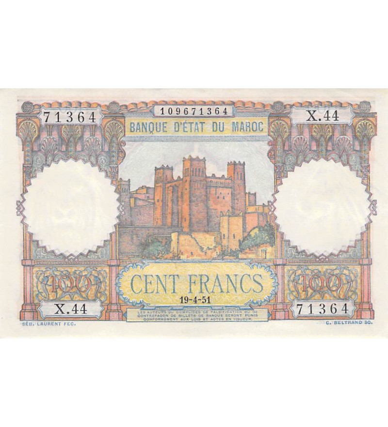 MAROC, BANQUE D'ÉTAT - 100 FRANCS 19/04/1951 - SÉRIE X.44