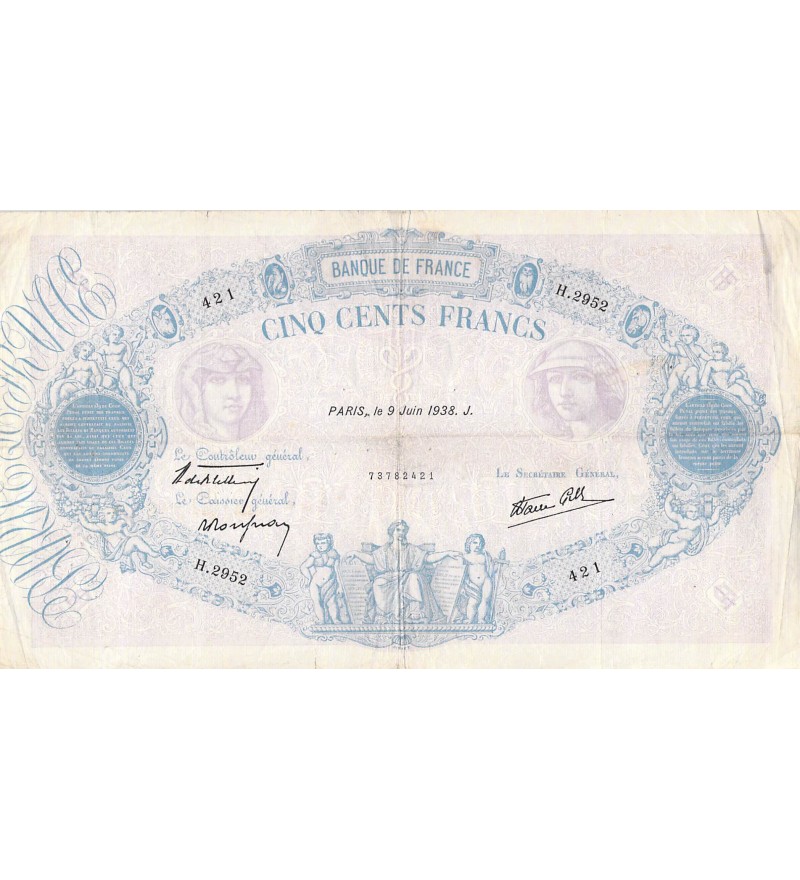 FRANCE - 500 FRANCS BLEU ET ROSE 09/06/1938 - SÉRIE H.2952