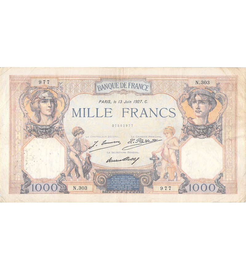 FRANCE, CÉRÈS ET MERCURE - 1000 FRANCS 13/06/1927 - SÉRIE N.303