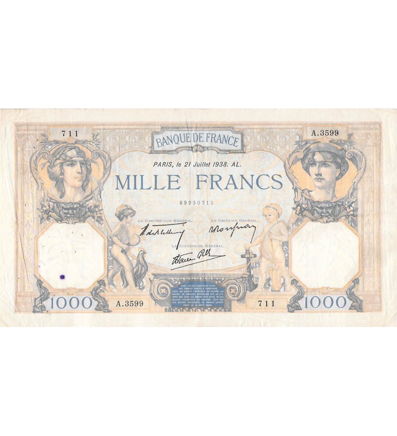 FRANCE, CÉRÈS ET MERCURE - 1000 FRANCS 21/07/1938 - SÉRIE A.3599