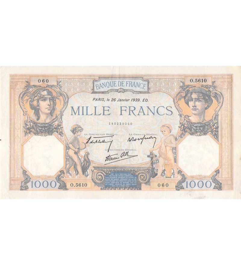 FRANCE, CÉRÈS ET MERCURE - 1000 FRANCS 26/01/1939 - SÉRIE O.5610