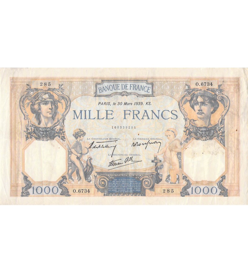 FRANCE, CÉRÈS ET MERCURE - 1000 FRANCS 30/03/1939 - SÉRIE A.6734