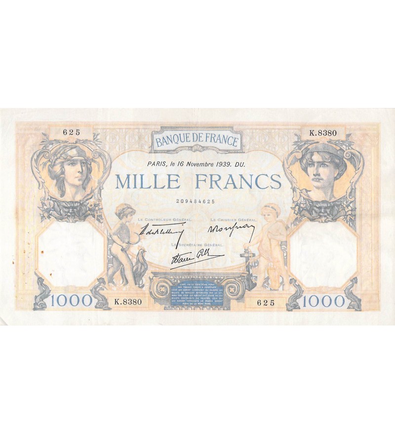 FRANCE, CÉRÈS ET MERCURE - 1000 FRANCS 16/11/1939 - SÉRIE K.8380