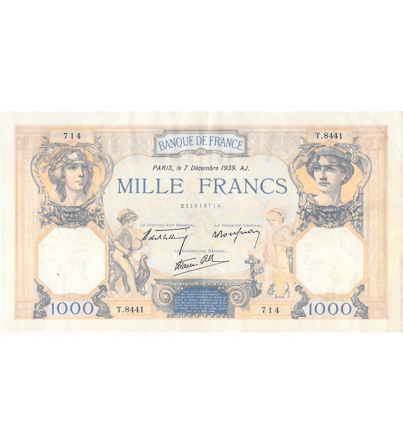 FRANCE, CÉRÈS ET MERCURE - 1000 FRANCS 07/12/1939 - SÉRIE T.8441