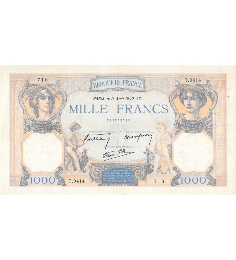 FRANCE, CÉRÈS ET MERCURE - 1000 FRANCS 11/04/1940 - SÉRIE T.9414