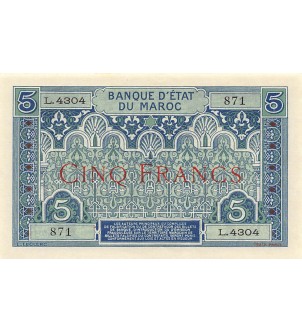 MAROC, BANQUE D'ÉTAT - 5 FRANCS 1924 Série L.4304 / 871 2