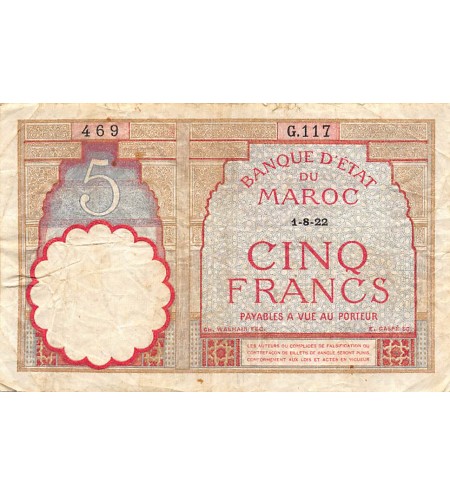 MAROC, BANQUE D'ETAT - 5 FRANCS 01/08/1922 - SÉRIE G.117