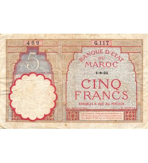 MAROC, BANQUE D'ETAT - 5 FRANCS 01/08/1922 - SÉRIE G.117 2