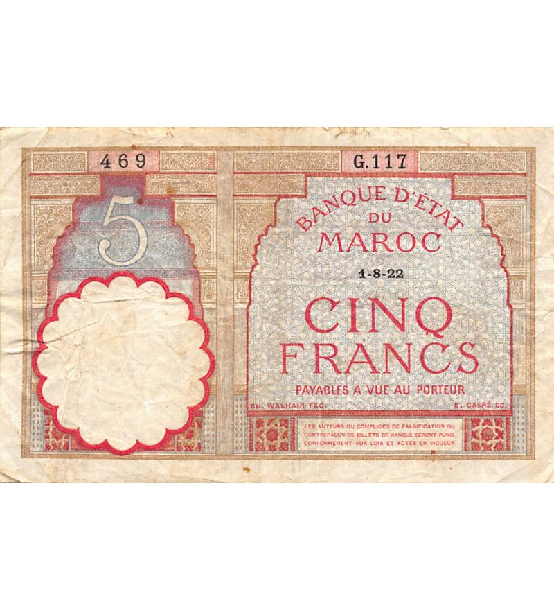 MAROC, BANQUE D'ETAT - 5 FRANCS 01/08/1922 - SÉRIE G.117