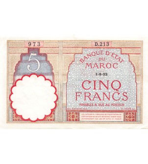 MAROC, BANQUE D'ETAT - 5 FRANCS 01/08/1922 - SÉRIE D.213 2