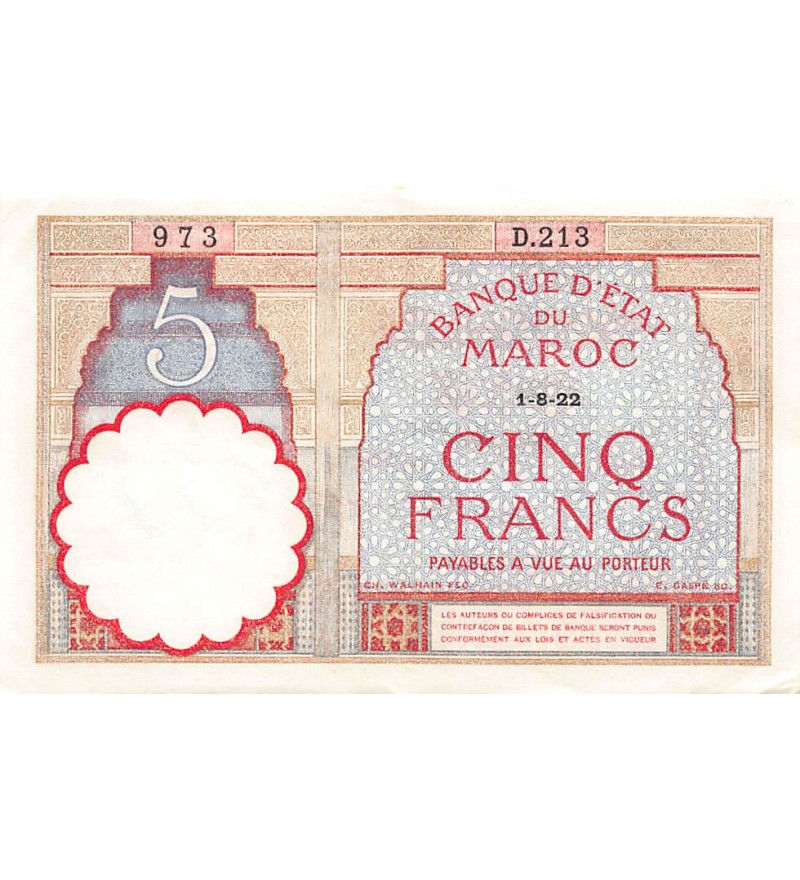 MAROC, BANQUE D'ETAT - 5 FRANCS 01/08/1922 - SÉRIE D.213