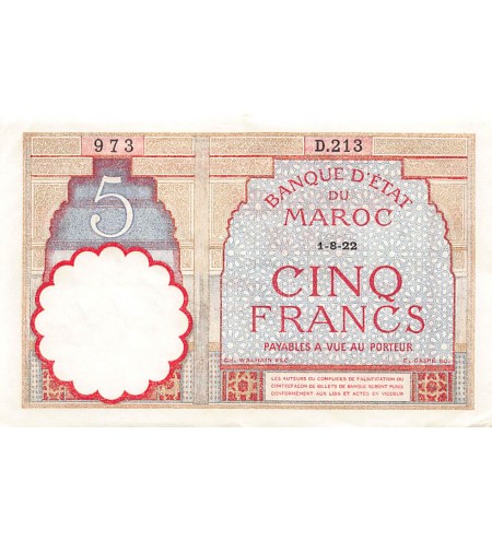 MAROC, BANQUE D'ETAT - 5 FRANCS 01/08/1922 - SÉRIE D.213