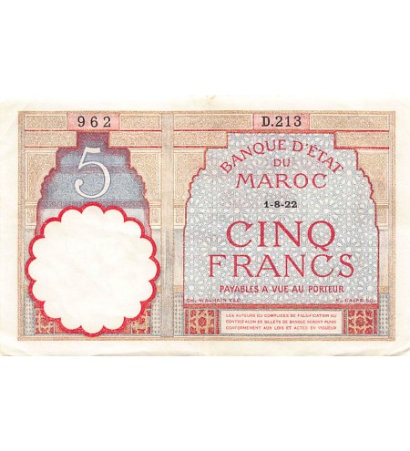 MAROC, BANQUE D'ETAT - 5 FRANCS 01/08/1922 - SÉRIE D.213