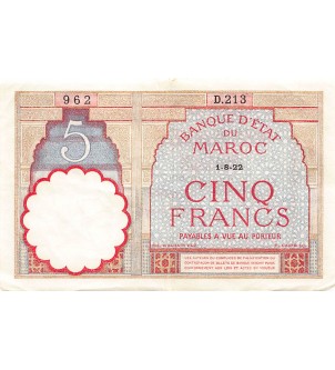MAROC, BANQUE D'ETAT - 5 FRANCS 01/08/1922 - SÉRIE D.213 2