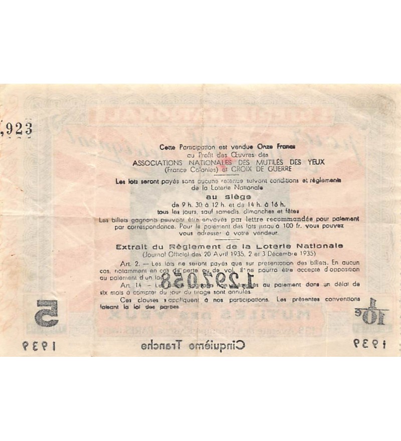 Billet de Loterie Nationale, Mutilés des Yeux - 1939