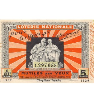 Billet de Loterie Nationale, Mutilés des Yeux - 1939 2