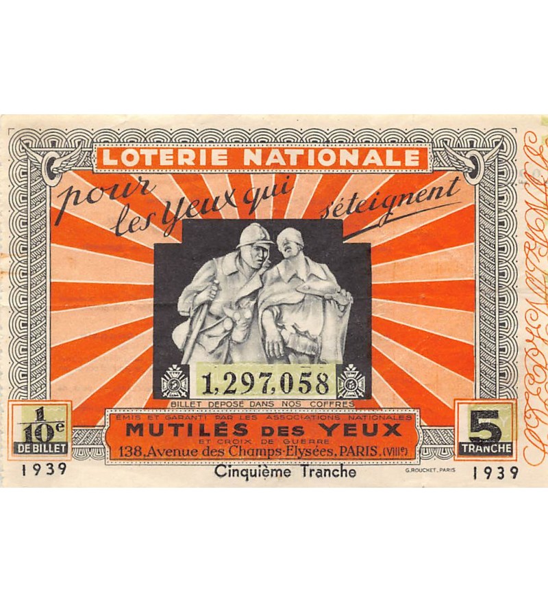 Billet de Loterie Nationale, Mutilés des Yeux - 1939