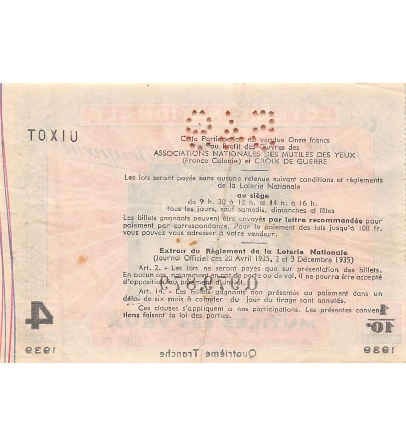 Billet de Loterie Nationale, Mutilés des Yeux - 1939