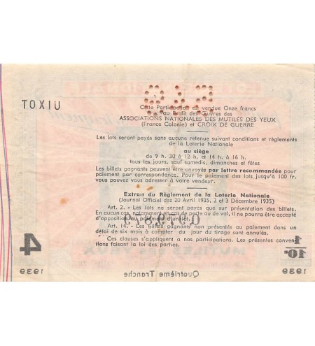 Billet de Loterie Nationale, Mutilés des Yeux - 1939