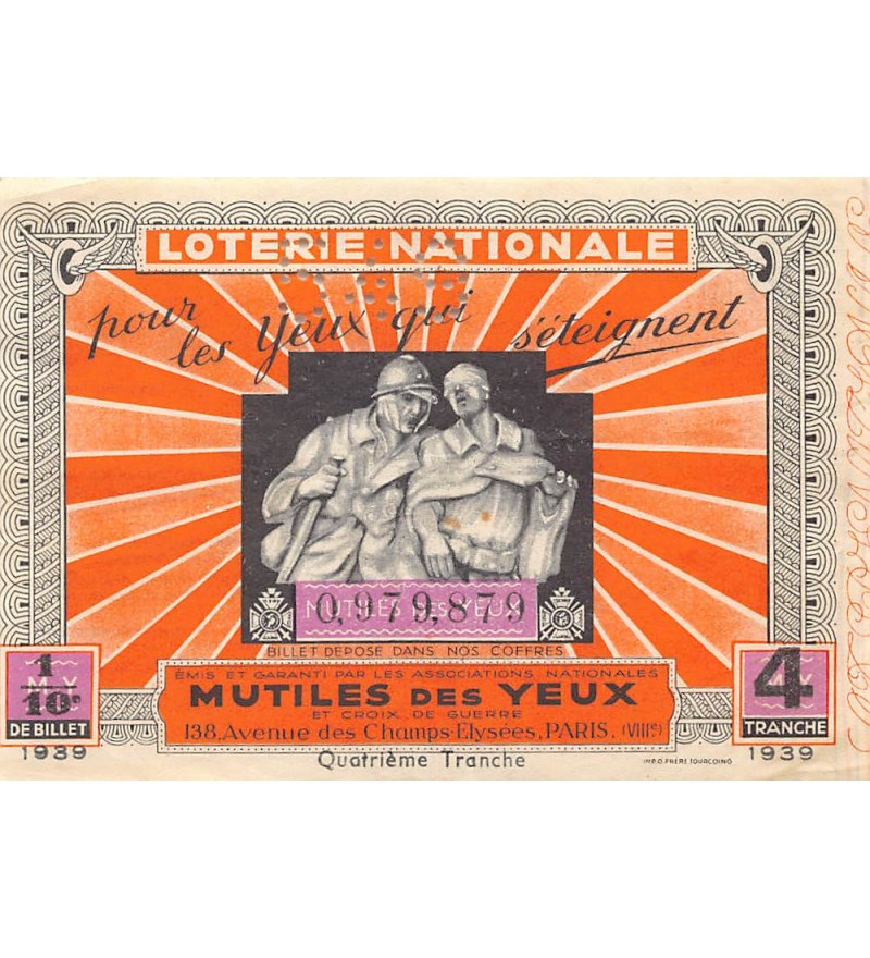Billet de Loterie Nationale, Mutilés des Yeux - 1939