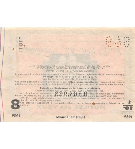 Billet de Loterie Nationale, Mutilés des Yeux - 1939