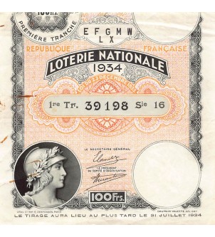 Billet de Loterie Nationale, 100 FRANCS 31 Juillet 1934 2