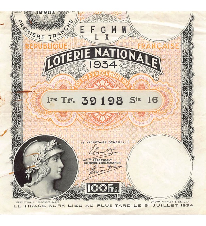 Billet de Loterie Nationale, 100 FRANCS 31 Juillet 1934