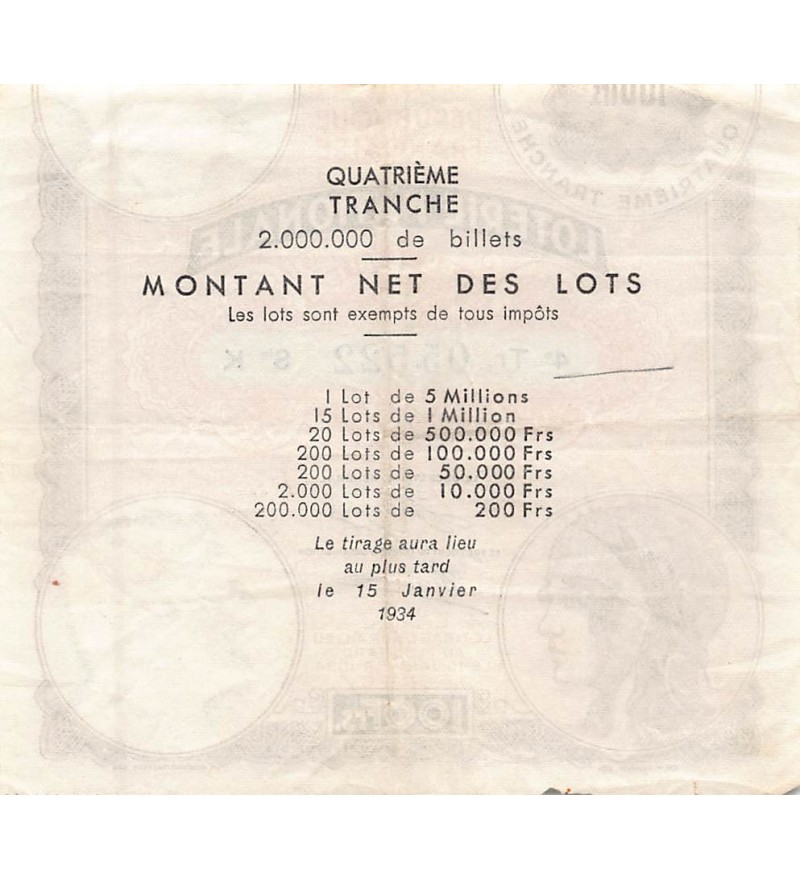 Billet de Loterie Nationale, 100 FRANCS 15 Janvier 1934