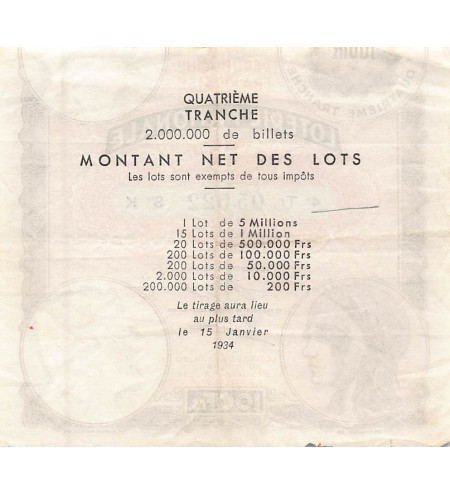 Billet de Loterie Nationale, 100 FRANCS 15 Janvier 1934