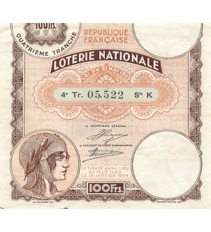 Billet de Loterie Nationale, 100 FRANCS 15 Janvier 1934 2