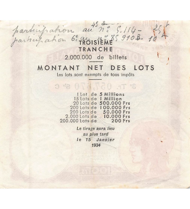 Billet de Loterie Nationale, 100 FRANCS 15 JANVIER 1934