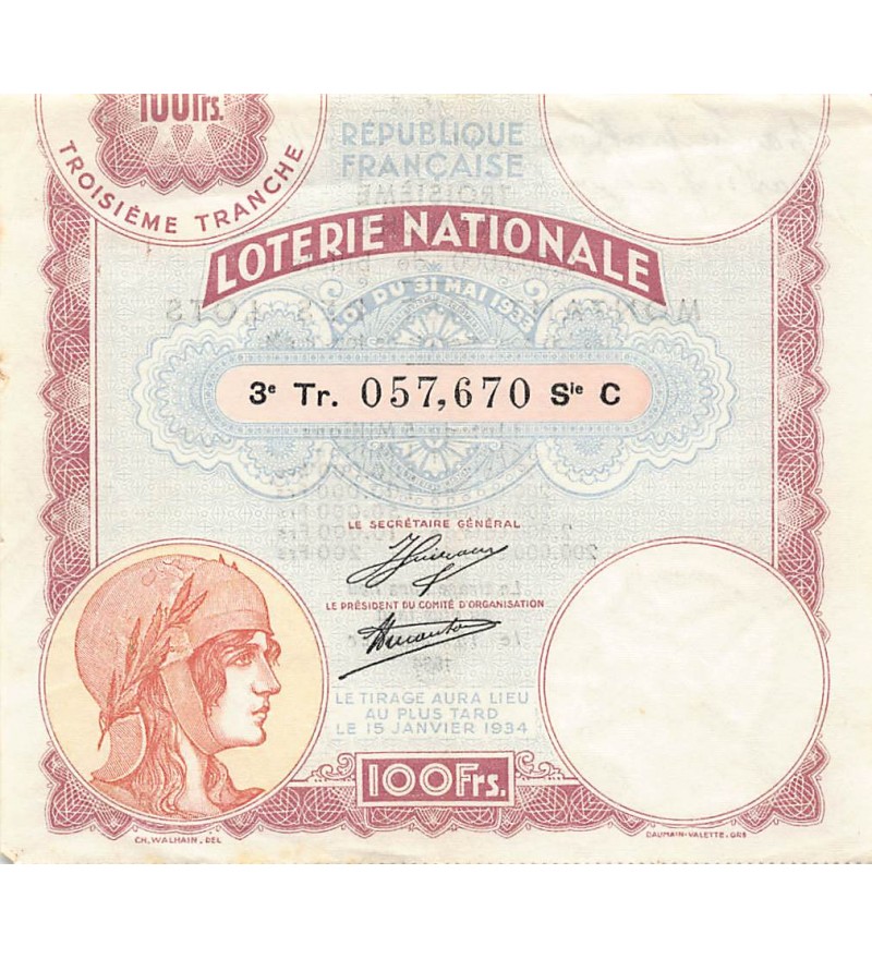 Billet de Loterie Nationale, 100 FRANCS 15 JANVIER 1934