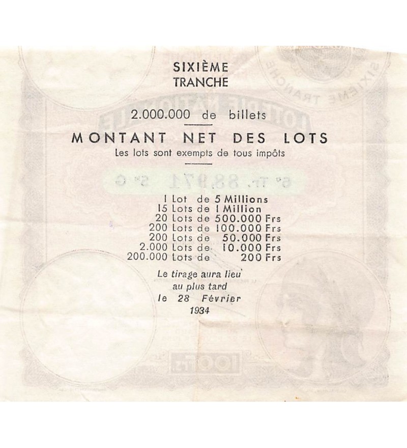 Billet de Loterie Nationale, 100 FRANCS 26 Février 1934