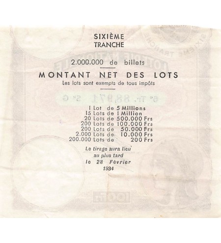 Billet de Loterie Nationale, 100 FRANCS 26 Février 1934