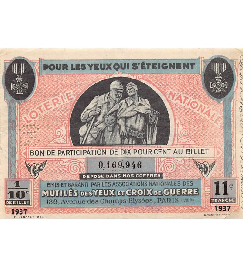 Billet de Loterie Nationale, Mutilés des yeux et croix de guerre - 1937